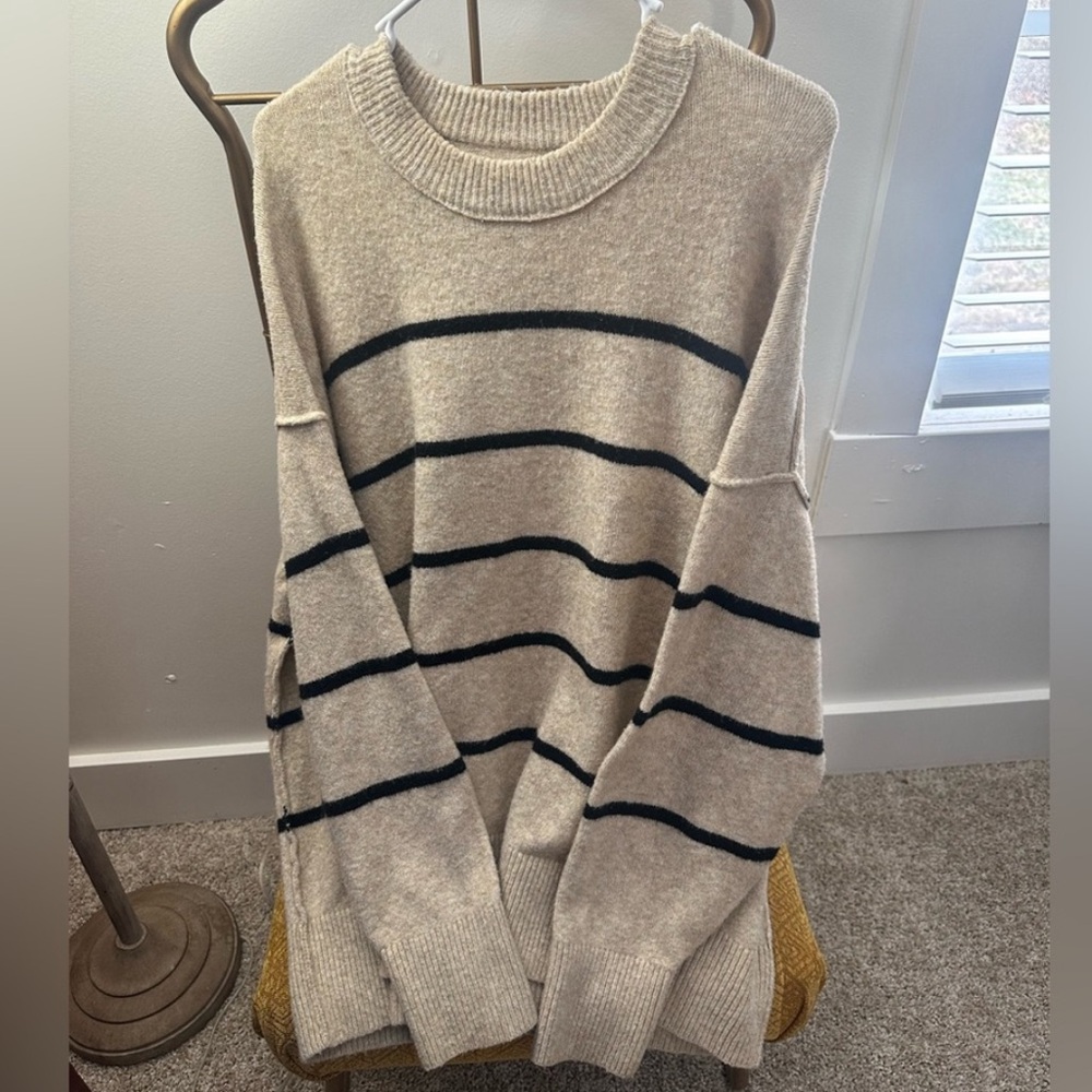 Aerie Striped Sweater XL Tan Black Cozy Oversized Knit EUC